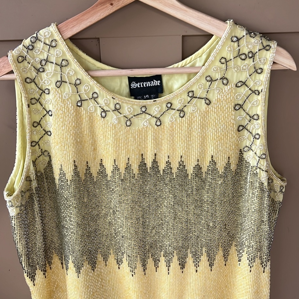 Beautiful Vintage Serenade Fully Beaded Tank Blouse Yellow & Silver sz 14 - Picture 2 of 11